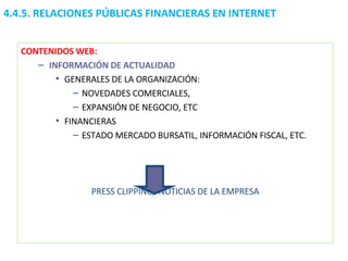 CONTENIDOS WEB: INFORMACIÓN DE ACTUALIDAD GENERALES DE LA ORGANIZACIÓN: NOVEDADES COMERCIALES,  EXPANSIÓN DE NEGOCIO, ETC FINANCIERAS ESTADO MERCADO BURSATIL, INFORMACIÓN FISCAL, ETC. PRESS CLIPPING/ NOTICIAS DE LA EMPRESA 4.4.5.  RELACIONES PÚBLICAS FINANCIERAS EN INTERNET 