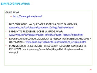 EJMPLO GRIPE AVIAR GRIPE AVIAR http://www.gripeaviar.es/ DIEZ COSAS QUE HAY QUE SABER SOBRE LA GRIPE PANDEMICA:  www.who.int/csr/disease/pandemic10things/es/index.html PREGUNTAS FRECUEBTES SOBRE LA GRIOE AVIAR:  www.who.int/csr/disease/avian_influenza/avian_faqs/es/index.html LA GRIPE AVIAR: COMO COMUNICAR EL RIESGO, POR PETER M.SANDMAN Y JODY LANARD:  www.paho.org/spanih/dd/pin/numero22_articulo1.htm PLAN MUNDIAL DE LA OMS DE PREPARACIÓN PARA UNA PANDEMIA DE INFLUENZA: www.paho.org/spanish/ad/dpc/cd/vir-flu-plan-mundial-oms.pdf 