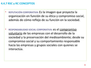 4.4.7 RSC y RC CONCEPTOS REPUTACIÓN CORPORATIVA:  Es la imagen que proyecta la organización en función de su ética y compromiso social, además de cómo reflejo de su función en la sociedad. RESPONSABILIDAD SOCIAL CORPORATIVA:  es el  compromiso voluntario  de las empresas con el desarrollo de la sociedad y la preservación del medioambiente; desde su compromiso social y su comportamiento responsable hacia las empresas y grupos sociales con quienes se interactúa. 