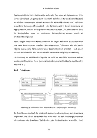  4.	
  Implementierung	
  
	
   	
  73	
  
Das	
  Domain	
  Model	
  ist	
  in	
  drei	
  Bereiche	
  aufgeteilt.	
  Zum	
  einen	
  wird	
  ein	
  externer	
  Web-­‐
Service	
  verwendet,	
  um	
  gültige	
  Bank-­‐	
  und	
  IBAN-­‐Definitionen	
  für	
  ein	
  bestimmtes	
  Land	
  
vorzuhalten.	
  Daneben	
  gibt	
  es	
  noch	
  Konzepte	
  für	
  ein	
  Bankkonto	
  (Account)	
  und	
  daran	
  
gebundene	
   Buchungen	
   (Transaction)	
   –	
   das	
   Bankkonto	
   gilt	
   in	
   dieser	
   Anwendung	
   als	
  
Aggregate	
  Root,	
  welches	
  alle	
  Zugriffe	
  und	
  Aktivitäten	
  bündelt.	
  Die	
  Definition	
  einer	
  IBAN,	
  
der	
   Kontoinhaber	
   sowie	
   ein	
   bestimmter	
   Buchungsbetrag	
   werden	
   jeweils	
   als	
  
Wertobjekte	
  umgesetzt.	
  
Beim	
  Anlegen	
  eines	
  neuen	
  Kontos	
  wird	
  über	
  das	
  Objekt	
  Maximum	
  IBAN	
  automatisch	
  
eine	
   neue	
   Kontonummer	
   vergeben.	
   Aus	
   vergangenen	
   Ereignissen	
   wird	
   die	
   jeweils	
  
höchste	
  zugewiesene	
  Kontonummer	
  einer	
  bestimmten	
  Bank	
  ermittelt	
  –	
  nach	
  einem	
  
zusätzlichen	
  Inkrement	
  wird	
  daraus	
  schließlich	
  eine	
  neue	
  und	
  gültige	
  IBAN	
  erzeugt.	
  
Die	
  Ermittlung	
  der	
  Befehle	
  und	
  Ereignisse,	
  die	
  durch	
  ein	
  Bankkonto	
  verarbeitet	
  werden	
  
wurde	
  unter	
  Einsatz	
  von	
  Event	
  Storming	
  Methoden	
  durchgeführt	
  (siehe	
  Abbildung	
  7	
  in	
  
Abschnitt	
  2.7)	
  
4.4.2   Projektionen	
  
	
  
Abbildung	
  36:	
  Materialized	
  Views	
  des	
  Bank	
  Account	
  Examples	
  (eigene	
  Darstellung)	
  
Die	
   Projektionen	
   sind	
   auf	
   die	
   tatsächlich	
   auszugebenden	
   Ansichten	
   der	
   Anwendung	
  
abgestimmt.	
  Die	
  Ansicht	
  der	
  Banken	
  wird	
  dabei	
  direkt	
  aus	
  den	
  zwischengespeicherten	
  
Informationen	
   der	
   jeweiligen	
   Web-­‐Services	
   der	
   Nationalbanken	
   abgebildet.	
   Nach	
  
iban CH1504842000000000002
:tx_bankaccountexample_projection_iban
national_code CH
branch_code 04842
subsidiary_code 0
account_number 000000000002
is assigned to
iban CH1504842000000000002
entry_date 2016-10-15 17:06:52
:tx_bankaccountexample_projection_transaction
availability_date 2016-10-15 17:06:52
transaction_id 2e939055-611a-4706-8378-…
transaction_type DepositTransaction
money 10.00
reference First deposit
iban CH1504842000000000002
:tx_bankaccountexample_projection_account
closed 0
account_holder Oliver Hader
balance 4.56
iban CH1504842000000000002
entry_date 2016-10-15 17:07:00
:tx_bankaccountexample_projection_transaction
availability_date 2016-10-15 17:07:00
transaction_id cee4e49b-74dd-483b-9e47-…
transaction_type DebitTransaction
money 5.44
reference PayPal payment
has
 