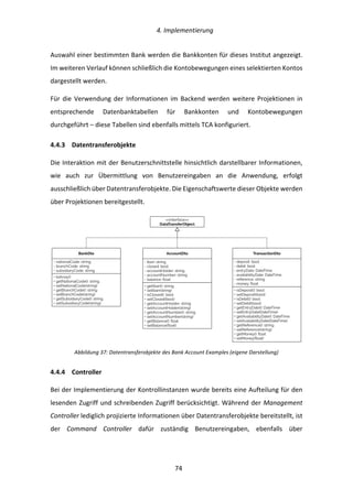   4.	
  Implementierung	
  
	
   	
  74	
  
Auswahl	
  einer	
  bestimmten	
  Bank	
  werden	
  die	
  Bankkonten	
  für	
  dieses	
  Institut	
  angezeigt.	
  
Im	
  weiteren	
  Verlauf	
  können	
  schließlich	
  die	
  Kontobewegungen	
  eines	
  selektierten	
  Kontos	
  
dargestellt	
  werden.	
  
Für	
  die	
  Verwendung	
  der	
  Informationen	
  im	
  Backend	
  werden	
  weitere	
  Projektionen	
  in	
  
entsprechende	
   Datenbanktabellen	
   für	
   Bankkonten	
   und	
   Kontobewegungen	
  
durchgeführt	
  –	
  diese	
  Tabellen	
  sind	
  ebenfalls	
  mittels	
  TCA	
  konfiguriert.	
  
4.4.3   Datentransferobjekte	
  
Die	
  Interaktion	
  mit	
  der	
  Benutzerschnittstelle	
  hinsichtlich	
  darstellbarer	
  Informationen,	
  
wie	
   auch	
   zur	
   Übermittlung	
   von	
   Benutzereingaben	
   an	
   die	
   Anwendung,	
   erfolgt	
  
ausschließlich	
  über	
  Datentransferobjekte.	
  Die	
  Eigenschaftswerte	
  dieser	
  Objekte	
  werden	
  
über	
  Projektionen	
  bereitgestellt.	
  
	
  
Abbildung	
  37:	
  Datentransferobjekte	
  des	
  Bank	
  Account	
  Examples	
  (eigene	
  Darstellung)	
  
4.4.4   Controller	
  
Bei	
  der	
  Implementierung	
  der	
  Kontrollinstanzen	
  wurde	
  bereits	
  eine	
  Aufteilung	
  für	
  den	
  
lesenden	
  Zugriff	
  und	
  schreibenden	
  Zugriff	
  berücksichtigt.	
  Während	
  der	
  Management	
  
Controller	
  lediglich	
  projizierte	
  Informationen	
  über	
  Datentransferobjekte	
  bereitstellt,	
  ist	
  
der	
   Command	
   Controller	
   dafür	
   zuständig	
   Benutzereingaben,	
   ebenfalls	
   über	
  
- iban: string
- closed: bool
- accountHolder: string
- accountNumber: string
- balance: ﬂoat
AccountDto
+ getIban(): string
+ setIban(string)
+ isClosed(): bool
+ setClosed(bool)
+ getAccountHolder: string
+ setAccountHolder(string)
+ getAccountNumber(): string
+ setAccountNumber(string)
+ getBalance(): ﬂoat
+ setBalance(ﬂoat)
- deposit: bool
- debit: bool
- entryDate: DateTime
- availabilityDate: DateTime
- reference: string
- money: ﬂoat
TransactionDto
+ isDeposit(): bool
+ setDeposit(bool)
+ isDebit(): bool
+ setDebit(bool)
+ getEntryDate(): DateTime
+ setEntryDate(DateTime)
+ getAvailabilityDate(): DateTime
+ setAvailabilityDate(DateTime)
+ getReference(): string
+ setReference(string)
+ getMoney(): ﬂoat
+ setMoney(ﬂoat)
<<interface>>
DataTransferObject
- nationalCode: string
- branchCode: string
- subsidiaryCode: string
BankDto
+ toArray()
+ getNationalCode(): string
+ setNationalCode(string)
+ getBranchCode(): string
+ setBranchCode(string)
+ getSubsidiaryCode(): string
+ setSubsidiaryCode(string)
 