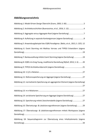   Abbildungsverzeichnis	
  
	
   	
  84	
  
Abbildungsverzeichnis	
  
Abbildung	
  1:	
  Model-­‐Driven	
  Design	
  Übersicht	
  (Evans,	
  2003,	
  S.	
  66)	
  ..................................	
  3	
  
Abbildung	
  2:	
  Architekturschichten	
  (Buenosvinos,	
  et	
  al.,	
  2016,	
  S.	
  12)	
  ..............................	
  4	
  
Abbildung	
  3:	
  Aggregate	
  versus	
  Aggregate	
  Root	
  (eigene	
  Darstellung)	
  .............................	
  7	
  
Abbildung	
  4:	
  Aufteilung	
  in	
  separate	
  Kontextgrenzen	
  (eigene	
  Darstellung)	
  .....................	
  8	
  
Abbildung	
  5:	
  Anwendungsbeispiel	
  des	
  CQRS	
  Paradigmas	
  	
  (Betts,	
  et	
  al.,	
  2013,	
  S.	
  225)	
  .	
  12	
  
Abbildung	
   6:	
   Event	
   Storming	
   mit	
   Mathias	
   Verraes	
   und	
   TYPO3	
   Entwicklern	
   (eigene	
  
Darstellung)	
  ....................................................................................................................	
  19	
  
Abbildung	
  7:	
  Bankauszahlung	
  mittels	
  Event	
  Storming	
  (eigene	
  Darstellung)	
  .................	
  19	
  
Abbildung	
  8:	
  CQRS	
  à	
  la	
  Greg	
  Young,	
  modifizierte	
  Darstellung	
  (Nijhof,	
  2013,	
  S.	
  6)	
  ........	
  20	
  
Abbildung	
  9:	
  TYPO3	
  Architekturübersicht	
  (eigene	
  Darstellung)	
  ....................................	
  21	
  
Abbildung	
  10:	
  1:1/1:n	
  Relation	
  ......................................................................................	
  27	
  
Abbildung	
  11:	
  Referenzspeicherung	
  am	
  Aggregat	
  (eigene	
  Darstellung)	
  ........................	
  27	
  
Abbildung	
  12:	
  normalisierte	
  Speicherung	
  am	
  aggregierten	
  Element	
  (eigene	
  Darstellung)
........................................................................................................................................	
  27	
  
Abbildung	
  13:	
  m:n	
  Relationen	
  ........................................................................................	
  27	
  
Abbildung	
  14:	
  serialisierte	
  Speicherung	
  am	
  Aggregat	
  (eigene	
  Darstellung)	
  ..................	
  27	
  
Abbildung	
  15:	
  Speicherung	
  mittels	
  Zwischentabelle	
  (eigene	
  Darstellung)	
  ....................	
  27	
  
Abbildung	
  16:	
  Übersetzungs-­‐	
  &	
  Lokalisierungsreferenzen	
  (eigene	
  Darstellung)	
  ...........	
  29	
  
Abbildung	
  17:	
  Übersetzungs-­‐	
  &	
  Lokalisierungsreferenzen	
  mittels	
  Workspaces	
  (eigene	
  
Darstellung)	
  ....................................................................................................................	
  31	
  
Abbildung	
   18:	
   Sequenzdiagramm	
   zur	
   Übersetzung	
   eines	
   Inhaltselements	
   (eigene	
  
Darstellung)	
  ....................................................................................................................	
  34	
  
 