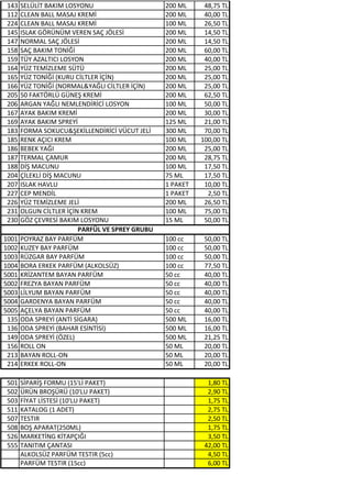 143 SELÜLİT BAKIM LOSYONU 200 ML 48,75 TL
112 CLEAN BALL MASAJ KREMİ 200 ML 40,00 TL
224 CLEAN BALL MASAJ KREMİ 100 ML 26,50 TL
145 ISLAK GÖRÜNÜM VEREN SAÇ JÖLESİ 200 ML 14,50 TL
147 NORMAL SAÇ JÖLESİ 200 ML 14,50 TL
158 SAÇ BAKIM TONİĞİ 200 ML 60,00 TL
159 TÜY AZALTICI LOSYON 200 ML 40,00 TL
164 YÜZ TEMİZLEME SÜTÜ 200 ML 25,00 TL
165 YÜZ TONİĞİ (KURU CİLTLER İÇİN) 200 ML 25,00 TL
166 YÜZ TONİĞİ (NORMAL&YAĞLI CİLTLER İÇİN) 200 ML 25,00 TL
205 50 FAKTÖRLÜ GÜNEŞ KREMİ 200 ML 62,50 TL
206 ARGAN YAĞLI NEMLENDİRİCİ LOSYON 100 ML 50,00 TL
167 AYAK BAKIM KREMİ 200 ML 30,00 TL
169 AYAK BAKIM SPREYİ 125 ML 21,00 TL
183 FORMA SOKUCU&ŞEKİLLENDİRİCİ VÜCUT JELİ 300 ML 70,00 TL
185 RENK AÇICI KREM 100 ML 100,00 TL
186 BEBEK YAĞI 200 ML 25,00 TL
187 TERMAL ÇAMUR 200 ML 28,75 TL
188 DİŞ MACUNU 100 ML 17,50 TL
204 ÇİLEKLİ DİŞ MACUNU 75 ML 17,50 TL
207 ISLAK HAVLU 1 PAKET 10,00 TL
227 CEP MENDİL 1 PAKET 2,50 TL
226 YÜZ TEMİZLEME JELİ 200 ML 26,50 TL
231 OLGUN CİLTLER İÇİN KREM 100 ML 75,00 TL
230 GÖZ ÇEVRESİ BAKIM LOSYONU 15 ML 50,00 TL
1001 POYRAZ BAY PARFÜM 100 cc 50,00 TL
1002 KUZEY BAY PARFÜM 100 cc 50,00 TL
1003 RÜZGAR BAY PARFÜM 100 cc 50,00 TL
1004 BORA ERKEK PARFÜM (ALKOLSÜZ) 100 cc 77,50 TL
5001 KRİZANTEM BAYAN PARFÜM 50 cc 40,00 TL
5002 FREZYA BAYAN PARFÜM 50 cc 40,00 TL
5003 LİLYUM BAYAN PARFÜM 50 cc 40,00 TL
5004 GARDENYA BAYAN PARFÜM 50 cc 40,00 TL
5005 AÇELYA BAYAN PARFÜM 50 cc 40,00 TL
135 ODA SPREYİ (ANTİ SİGARA) 500 ML 16,00 TL
136 ODA SPREYİ (BAHAR ESİNTİSİ) 500 ML 16,00 TL
149 ODA SPREYİ (ÖZEL) 500 ML 21,25 TL
156 ROLL ON 50 ML 20,00 TL
213 BAYAN ROLL-ON 50 ML 20,00 TL
214 ERKEK ROLL-ON 50 ML 20,00 TL
501 SİPARİŞ FORMU (15'Lİ PAKET) 1,80 TL
502 ÜRÜN BROŞÜRÜ (10'LU PAKET) 2,90 TL
503 FİYAT LİSTESİ (10'LU PAKET) 1,75 TL
511 KATALOG (1 ADET) 2,75 TL
507 TESTIR 2,50 TL
508 BOŞ APARAT(250ML) 1,75 TL
526 MARKETİNG KİTAPÇIĞI 3,50 TL
555 TANITIM ÇANTASI 42,00 TL
ALKOLSÜZ PARFÜM TESTIR (5cc) 4,50 TL
PARFÜM TESTIR (15cc) 6,00 TL
PARFÜL VE SPREY GRUBU
 