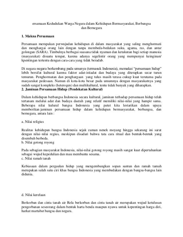 Ersamaan Kedudukan Warga Negara Dalam Kehidupan Bermasyarakat Ersamaan Kedudukan Warga Negara Dalam Kehidupan Bermasyarakat