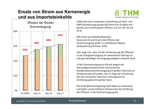 Ersatz von Strom aus Kernenergie
 und aus Importsteinkohle
                                        Selbst bei einer moderaten Umstellung auf GuD‐ und 
                                        KWK‐Stromerzeugung gemäß Szenarium A ergibt sich 
                                        bereits eine Erhöhung der Effizienz um 1/5 von 35 auf 
                                        42 %. 

                                        Mit Ersatz von Kohlekraftwerken 
                                        (Szenarien B und C) wird die Effizienz der 
                                        Stromerzeugung weiter in erheblichem Masse 
                                        verbessert (auf 44 bzw. 47%). 

                                        Hier zeigt sich, dass mit der Verbesserung der Effizienz 
                                        in der Energieversorgung ein wesentlicher Beitrag zur 
                                        Lösung zukünftiger Versorgungsaufgaben erbracht wird. 

                                        In der Stromversorgung ist derzeit wegen der 
                                        überwiegend praktizierten verlustreichen 
                                        Kondensationsstromerzeugung ein großes Potenzial zur 
                                        Verbesserung vorhanden, das im Zuge der Umsetzung 
                                        der hier skizzierten Szenarien wirkungsvoll zur 
                                        Entfaltung gebracht werden kann. 

                                        Die Kraft‐Wärme‐Kopplung stellt dabei ein wirksames 
                                        und daher unverzichtbares Element bei der Erhöhung 
                                        der Effizienz in der Stromerzeugung dar.


UNIVERSITY OF APPLIED SCIENCES   Richarts/Altensen                                            12
 