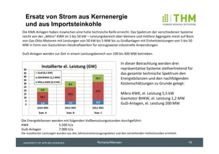 Ersatz von Strom aus Kernenergie
   und aus Importsteinkohle
Die KWK‐Anlagen haben inzwischen eine hohe technische Reife erreicht. Das Spektrum der verschiedenen Systeme 
reicht von der „Mikro“‐KWK im 1 bis 50 kW – Leistungsbereich über kleinere und mittlere Aggregate meist auf Basis 
von Gas‐Otto‐Motoren mit Leistungen von 50 kW bis 5 MW bis zu Großanlagen mit Einheitsleistungen von 5 bis 50 
MW in Form von Gasturbinen‐Heizkraftwerken für vorzugsweise industrielle Anwendungen. 

GuD‐Anlagen werden zur Zeit in einem Leistungsbereich von 100 bis 400 MW betrieben. 

                                                                          In dieser Betrachtung werden drei 
                                                                          repräsentative Systeme stellvertretend für 
                                                                          das gesamte technische Spektrum den 
                                                                          Energiebilanzen und den nachfolgenden 
                                                                          Kostenschätzungen zu Grunde gelegt:

                                                                          Mikro‐KWK, el. Leistung 5,5 kW
                                                                          Gasmotor BHKW, el. Leistung 1,2 MW
                                                                          GuD‐Anlagen, el. Leistung 200 MW



Die Energiebilanzen werden mit folgenden Vollbenutzungsstunden durchgeführt:
KWK                     5.500 h/a
GuD‐Anlagen             7.000 h/a 
Die installierten Leistungen wurden aus den Jahresstromerzeugungsdaten und den vorstehenden Vollaststunden ermittelt.


 UNIVERSITY OF APPLIED SCIENCES                          Richarts/Altensen                                              16
 