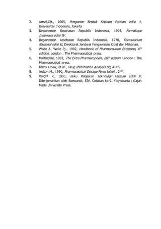 2. Ansel,CH., 2005, Pengantar Bentuk Sediaan Farmasi edisi 4, 
Universitas Indonesia, Jakarta 
3. Departemen Kesehatan Republik Indonesia, 1995, Farmakope 
Indonesia edisi IV . 
4. Departemen kesehatan Republik Indonesia, 1978, Formularium 
Nasional edisi II , Direktorat Jenderal Pengawasan Obat dan Makanan. 
5. Wade A, Welle Pj., 1982, Handbook of Pharmaceutical Excipents, 6th 
edition, London : The Pharmaceutical press. 
6. Martindale, 1982, The Extra Pharmacopoeia, 28th edition. London : The 
Pharmaceutical press. 
7. Kathy Litvak, et al., Drug Information Analysis 88, AHFS. 
8. Aulton M., 1990, Pharmaceutical Dosage Form tablet , 2 nd. 
9. Voight R, 1995, Buku Pelajaran Teknologi Farmasi edisi V, 
Diterjemahkan oleh Soewandi, SIV. Cetakan ke-2. Yogyakarta : Gajah 
Mada University Press. 

