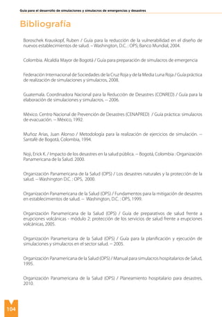 104
Guía para el desarrollo de simulaciones y simulacros de emergencias y desastres
Bibliografía
Boroschek Krauskopf, Ruben / Guía para la reducción de la vulnerabilidad en el diseño de
nuevos establecimientos de salud. – Washington, D.C. : OPS; Banco Mundial, 2004.
Colombia. Alcaldía Mayor de Bogotá / Guía para preparación de simulacros de emergencia
Federación Internacional de Sociedades de la Cruz Roja y de la Media Luna Roja / Guía práctica
de realización de simulaciones y simulacros, 2008.
Guatemala. Coordinadora Nacional para la Reducción de Desastres (CONRED) / Guía para la
elaboración de simulaciones y simulacros. -- 2006.
México. Centro Nacional de Prevención de Desastres (CENAPRED) / Guía práctica: simulacros
de evacuación. -- México, 1992.
Muñoz Arias, Juan Alonso / Metodología para la realización de ejercicios de simulación. --
Santafé de Bogotá, Colombia, 1994.
Noji, Erick K. / Impacto de los desastres en la salud pública. -- Bogotá, Colombia : Organización
Panamericana de la Salud. 2000.
Organización Panamericana de la Salud (OPS) / Los desastres naturales y la protección de la
salud. -- Washington D.C. : OPS, 2000.
Organización Panamericana de la Salud (OPS) / Fundamentos para la mitigación de desastres
en establecimientos de salud. -- Washington, D.C. : OPS, 1999.
Organización Panamericana de la Salud (OPS) / Guía de preparativos de salud frente a
erupciones volcánicas - módulo 2: protección de los servicios de salud frente a erupciones
volcánicas, 2005.
Organización Panamericana de la Salud (OPS) / Guía para la planificación y ejecución de
simulaciones y simulacros en el sector salud. -- 2005.
Organización Panamericana de la Salud (OPS) / Manual para simulacros hospitalarios de Salud,
1995.
Organización Panamericana de la Salud (OPS) / Planeamiento hospitalario para desastres,
2010.
 