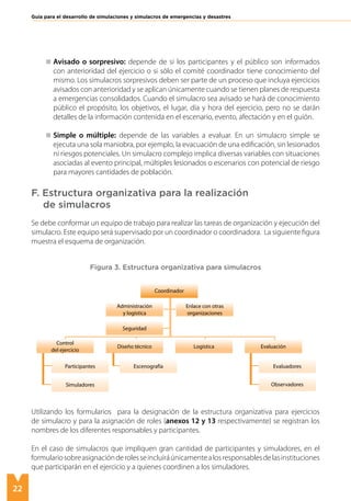 22
Guía para el desarrollo de simulaciones y simulacros de emergencias y desastres
Avisado o sorpresivo: depende de si los participantes y el público son informados
con anterioridad del ejercicio o si sólo el comité coordinador tiene conocimiento del
mismo. Los simulacros sorpresivos deben ser parte de un proceso que incluya ejercicios
avisados con anterioridad y se aplican únicamente cuando se tienen planes de respuesta
a emergencias consolidados. Cuando el simulacro sea avisado se hará de conocimiento
público el propósito, los objetivos, el lugar, día y hora del ejercicio, pero no se darán
detalles de la información contenida en el escenario, evento, afectación y en el guión.
Simple o múltiple: depende de las variables a evaluar. En un simulacro simple se
ejecuta una sola maniobra, por ejemplo, la evacuación de una edificación, sin lesionados
ni riesgos potenciales. Un simulacro complejo implica diversas variables con situaciones
asociadas al evento principal, múltiples lesionados o escenarios con potencial de riesgo
para mayores cantidades de población.
F. Estructura organizativa para la realización
de simulacros
Se debe conformar un equipo de trabajo para realizar las tareas de organización y ejecución del
simulacro. Este equipo será supervisado por un coordinador o coordinadora. La siguiente figura
muestra el esquema de organización.
Figura 3. Estructura organizativa para simulacros
Utilizando los formularios para la designación de la estructura organizativa para ejercicios
de simulacro y para la asignación de roles (anexos 12 y 13 respectivamente) se registran los
nombres de los diferentes responsables y participantes.
En el caso de simulacros que impliquen gran cantidad de participantes y simuladores, en el
formulariosobreasignaciónderolesseincluiráúnicamentealosresponsablesdelasinstituciones
que participarán en el ejercicio y a quienes coordinen a los simuladores.
Coordinador
Participantes
Control
del ejercicio
Evaluación
Simuladores
Evaluadores
Observadores
Diseño técnico
Escenografía
Seguridad
Administración
y logística
Enlace con otras
organizaciones
Logística
 
