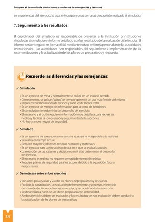 34
Guía para el desarrollo de simulaciones y simulacros de emergencias y desastres
de experiencias del ejercicio, lo cual se incorpora unas semanas después de realizado el simulacro.
7. Seguimiento a los resultados
El coordinador del simulacro es responsable de presentar a la institución o instituciones
vinculadas al simulacro un informe detallado con los resultados de la evaluación del ejercicio. El
informe será entregado en forma oficial mediante nota o en forma personal ante las autoridades
institucionales. Las autoridades son responsables del seguimiento e implementación de las
recomendaciones y la actualización de los planes de preparativos y respuesta.
Recuerde las diferencias y las semejanzas:
Simulación
• Es un ejercicio de mesa y normalmente se realiza en un espacio cerrado.
• Generalmente, se aplican“saltos”de tiempo y permite un uso más flexible del mismo.
• Implica menor movilización de recursos y suele ser de menor costo.
• Es un ejercicio de manejo de información para la toma de decisiones.
• El controlador tiene dominio del desarrollo del ejercicio.
• El escenario y el guión requieren información muy detallada para recrear los
hechos y facilitar la comprensión y seguimiento de las acciones.
• No hay grandes riesgos de seguridad.
Simulacro
• Es un ejercicio de campo, en un escenario ajustado lo más posible a la realidad.
• Se realiza en tiempo actual.
• Requiere mayores y diversos recursos humanos y materiales.
• Es un ejercicio para la ejecución práctica en el que se evalúa la acción.
• La ejecución de las acciones y decisiones en el sitio determinan el desarrollo
del ejercicio.
• El escenario es realista, no requiere demasiada recreación teórica.
• Requiere planes de seguridad para los actores debido a la exposición física a
riesgos reales.
Semejanzas entre ambos ejercicios
• Son útiles para evaluar y validar los planes de preparativos y respuesta.
• Facilitan la capacitación, la evaluación de herramientas y procesos, el ejercicio
de toma de decisiones, el trabajo en equipo y la coordinación intersectorial.
• Se desarrollan a partir de un libreto preparado con anterioridad.
• Ambos ejercicios deben ser evaluados y los resultados de esta evaluación deben conducir a 	
la actualización de los planes de preparativos.
 