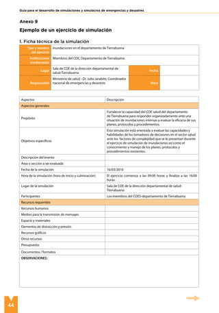 44
Guía para el desarrollo de simulaciones y simulacros de emergencias y desastres
1. Ficha técnica de la simulación
Tipo y nombre
del ejercicio
Inundaciones en el departamento de Tierrabuena
Instituciones
involucradas
Miembros del COE, Departamento de Tierrabuena
Lugar
Sala de COE de la dirección departamental de
salud-Tierrabuena
Fecha
Responsable
Ministerio de salud - Dr. Julio Jarabito, Coordinador
nacional de emergencias y desastres Hora
Aspectos Descripción
Aspectos generales
Propósito
Fortalecer la capacidad del COE salud del departamento
de Tierrabuena para responder organizadamente ante una
situación de inundaciones intensas y evaluar la eficacia de sus
planes, protocolos y procedimientos.
Objetivos específicos
Esta simulación está orientada a evaluar las capacidades y
habilidades de los tomadores de decisiones en el sector salud
ante los factores de complejidad que se le presentan durante
el ejercicio de simulación de inundaciones así como el
conocimiento y manejo de los planes, protocolos y
procedimientos existentes.
Descripción del evento
Área o sección a ser evaluada
Fecha de la simulación 16/03/2010
Hora de la simulación (hora de inicio y culminación) El ejercicio comienza a las 09:00 horas y finaliza a las 16:00
horas
Lugar de la simulación Sala de COE de la dirección departamental de salud-
Tierrabuena
Participantes Los miembros del COES-departamento de Tierrabuena
Recursos requeridos
Recursos humanos
Medios para la transmisión de mensajes
Espacio y materiales
Elementos de distracción y presión
Recursos gráficos
Otros recursos
Presupuesto
Documentos / formatos
OBSERVACIONES:
Anexo 9
Ejemplo de un ejercicio de simulación
 