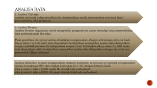 1. Analisa Univariat
Analisa univariat dalam penelitian ini dimaksudkan untuk mendapatkan rata-rata lama
penyembuhan luka perineum.
2. Analisa Bivariat
Analisa bivariat digunakan untuk mengetahui pengaruh jus nanas terhadap lama penyembuhan
luka perineum pada ibu nifas.
Pada penelitian ini, uji normalitas dilakukan menggunakan shapiro wilk dengan kriteria hasil
jika p-value >  0,05 maka data dinyatakan berdistribusi normal dan analisa data dilanjutkan
dengan statistik parametrik independent sample t-test. Sedangkan jika p-value <  0,05 maka
data dinyatakan tidak berdistribusi normal dan analisa data dilanjutkan dengan statistik non
parametrik (Mann whitney).
Analisa dilakukan dengan menggunakan program komputer, keputusan uji statistik menggunakan
derajat kemaknaan 95% dan tingkat kesalahan (α) = 5%, dengan kriteria hasil:
Jika p value ≤ nilai α (0,05), maka Ho ditolak (ada perbedaan).
Jika p value > nilai α (0,05), Ho gagal ditolak (tidak ada perbedaan).
 