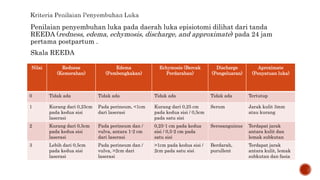 Penilaian penyembuhan luka pada daerah luka episiotomi dilihat dari tanda
REEDA (redness, edema, echymosis, discharge, and approximate) pada 24 jam
pertama postpartum .
Skala REEDA
Nilai Redness
(Kemerahan)
Edema
(Pembengkakan)
Echymosis (Bercak
Perdarahan)
Dischsrge
(Pengeluaran)
Aproximate
(Penyatuan luka)
0 Tidak ada Tidak ada Tidak ada Tidak ada Tertutup
1 Kurang dari 0,25cm
pada kedua sisi
laserasi
Pada perineum, <1cm
dari laserasi
Kurang dari 0,25 cm
pada kedua sisi / 0,5cm
pada satu sisi
Serum Jarak kulit 3mm
atau kurang
2 Kurang dari 0,5cm
pada kedua sisi
laserasi
Pada perineum dan /
vulva, antara 1-2 cm
dari laserasi
0,25-1 cm pada kedua
sisi / 0,5-2 cm pada
satu sisi
Serosanguinus Terdapat jarak
antara kulit dan
lemak subkutan
3 Lebih dari 0,5cm
pada kedua sisi
laserasi
Pada perineum dan /
vulva, >2cm dari
laserasi
>1cm pada kedua sisi /
2cm pada satu sisi
Berdarah,
purullent
Terdapat jarak
antara kulit, lemak
subkutan dan fasia
 