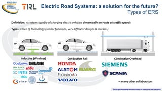 Exchange knowledge and techniques on roads and road transport
Electric Road Systems: a solution for the future?
Types of ERS
Definition: A system capable of charging electric vehicles dynamically on-route at traffic speeds
Types: Three of technology (similar functions, very different designs & markets)
Inductive (Wireless) Conductive Rail Conductive Overhead
+ many other collaborators
 