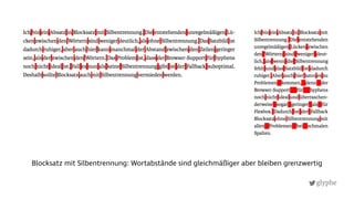 glyphe
Blocksatz mit Silbentrennung: Wortabstände sind gleichmäßiger aber bleiben grenzwertig
 