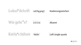 glyphe
Kathy‘s failure
Lukas' Schri
Wie geht´s? Akzent
Kodierungszeichen
Left single quote‘Hello’
url('bg.png')
á é í ó ú
 