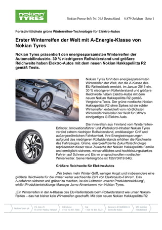 Nokian Presse-Info Nr. 395 Deutschland 8.879 Zeichen Seite 1
Fortschrittlichste grüne Winterreifen-Technologie für Elektro...
