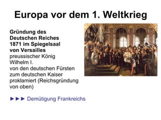 Europa vor dem 1. Weltkrieg Gründung des  Deutschen Reiches 1871 im Spiegelsaal von Versailles preussischer König Wilhelm I.  von den deutschen Fürsten  zum deutschen Kaiser  proklamiert (Reichsgründung von oben) ►►►  Demütigung Frankreichs 