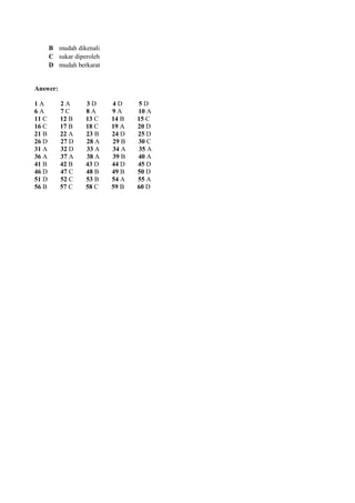 B mudah dikenali
       C sukar diperoleh
       D mudah berkarat


Answer:

1A        2A       3D      4D     5D
6A        7C       8A      9A     10 A
11 C      12 B     13 C    14 B   15 C
16 C      17 B     18 C    19 A   20 D
21 B      22 A     23 B    24 D   25 D
26 D      27 D     28 A    29 B   30 C
31 A      32 D     33 A    34 A   35 A
36 A      37 A     38 A    39 B   40 A
41 B      42 B     43 D    44 D   45 D
46 D      47 C     48 B    49 B   50 D
51 D      52 C     53 B    54 A   55 A
56 B      57 C     58 C    59 B   60 D
 