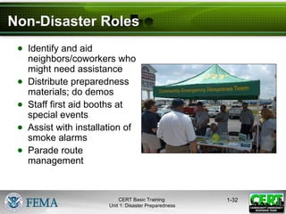 Non-Disaster Roles
● Identify and aid
neighbors/coworkers who
might need assistance
● Distribute preparedness
materials; do demos
● Staff first aid booths at
special events
● Assist with installation of
smoke alarms
● Parade route
management
1-32
CERT Basic Training
Unit 1: Disaster Preparedness
 