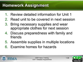 1-36
1. Review detailed information for Unit 1
2. Read unit to be covered in next session
3. Bring necessary supplies and wear
appropriate clothes for next session
4. Discuss preparedness with family and
friends
5. Assemble supplies in multiple locations
6. Examine homes for hazards
Homework Assignment
CERT Basic Training
Unit 1: Disaster Preparedness
 