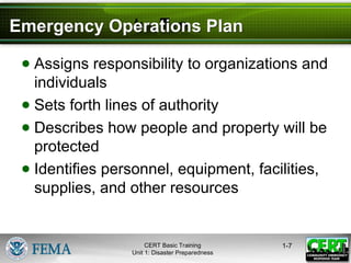 Emergency Operations Plan
● Assigns responsibility to organizations and
individuals
● Sets forth lines of authority
● Describes how people and property will be
protected
● Identifies personnel, equipment, facilities,
supplies, and other resources
1-7
CERT Basic Training
Unit 1: Disaster Preparedness
 