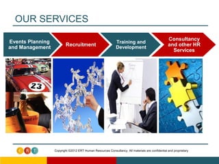 OUR SERVICES
                                                                                                  Consultancy
Events Planning                                              Training and
                         Recruitment                                                              and other HR
and Management                                               Development
                                                                                                    Services




                  Copyright ©2012 ERT Human Resources Consultancy. All materials are confidential and proprietary
 