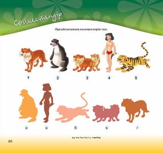 ндір
есте
әйк
С

Әрқайсысының көлеңкелерін тап.

1

а

2

ә

3

б
Жауабы: 1-г, 2-а, 3-в, 4-ә, 5-б.

26

4

в

5

г

 