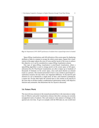 1 Developing Competitive Strategies in Higher Education through Visual Data Mining         11




Fig. 1.4 Department (UNIV DEPT) preferences of students from a reputed high school in Istanbul



    Space-ﬁlling visualizations seek full utilization of the screen space by displaying
attributes of data in a manner to occupy the whole screen space. Square tiles visual-
ization in this paper adjusts the sizes of icons and the layout of the icons to achieve
this objective, so it can be considered as a space-ﬁlling visualization scheme.
    One type of space-ﬁlling visualization is pixel-based visualization, where a
spaceﬁlling algorithm is used to arrange pixels on the screen space at full space-
utilization [8], [9]. Pixel-based visualizations are able to depict up to hundreds of
thousands of elements on the screen space, since each pixel denotes an element
(such as a person). The research presented in here is very similar to pixel-based vi-
sualization research, but also shows one important difference: In [8] and [9] each
element of a set is denoted by a single pixel. In here, each element is denoted by
a square tile. On the other hand, the research here is also similar to [8] and [9] in
the sense that in all these studies a mathematical optimization model, with objective
function and constraints, that determines the best layout is discussed.



1.6 Future Work

The most obvious extension to the research presented here is the innovation or adop-
tion of effective and useful visualization schemes that allow carrying out currently
unsupported styles of analysis. One such analysis is the analysis of changes in the
                                                      ¨
queried sets over time. To give an example with the OSS data set, one would most
 