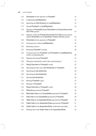 xii LIST OF FIGURES
1.14 Parameters for the operators in Process01 12
1.15 Conﬁguring LocalRepository 13
1.16 Specifying the Root directory for LocalRepository 14
1.17 Storing Process01 in LocalRepository 14
1.18 Operators in Process02 and the Parameters for Process Documents
from Files operator 15
1.19 Operators within the Process Documents from Files nested operator
and the Parameters for the Generate n-Grams (Terms) operator 16
1.20 Parameters for the operators in Process02 16
1.21 Saved processes within LocalRepository 19
1.22 Renaming a process 19
1.23 Renaming Process01 correctly 20
1.24 Corrected names for Process01 and Process02 in LocalRepository
and the corresponding ﬁles 20
1.25 Opening and running Process01 21
1.26 Dialog box alerting the switch to the result perspective 21
1.27 Result Overview for Process01 results 22
1.28 Specifying the data source text directories for Process01 24
1.29 Specifying the text directories 24
1.30 Specifying the text directories 25
1.31 Speciﬁed text directories 26
1.32 Running Process01 again 27
1.33 Running of Process01 27
1.34 Result Overview for Process01 results 28
1.35 WordList generated by Process01 28
1.36 Meta Data View for the ExampleSet generated by Process01 29
1.37 Data View for the ExampleSet generated by Process01 29
1.38 Table View for the AssociationRules generated by Process01 30
1.39 Graph View for the AssociationRules generated by Process01 31
1.40 Graph View for the AssociationRules, without the node labels 31
1.41 Filtering rules in the Graph View for the AssociationRules 32
 