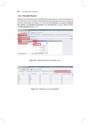 28 TEXT MINING WITH RAPIDMINER
1.4.5 Process01 Results
When the new results are created, click Yes to the result perspective. In the result perspective
you will now see a see a blue bar. Click inside the bottommost blue bar and you will see an
overview of the results, as in Figure 1.34. This time the world list is not empty, it Contains
631 entries. The Number of examples in the example set is equal to 100, and there
are 250 attributes (Figure 1.34).
Figure 1.34 Result Overview for Process01 results
Figure 1.35 WordList generated by Process01
 