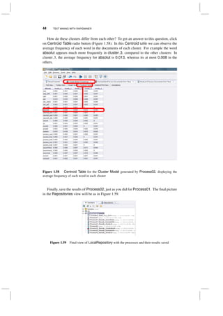 44 TEXT MINING WITH RAPIDMINER
How do these clusters differ from each other? To get an answer to this question, click
on Centroid Table radio button (Figure 1.58). In this Centroid table we can observe the
average frequency of each word in the documents of each cluster. For example the word
absolut appears much more frequently in cluster 3, compared to the other clusters: In
cluster 3, the average frequency for absolut is 0.013, whereas its at most 0.008 in the
others.
Figure 1.58 Centroid Table for the Cluster Model generated by Process02, displaying the
average frequency of each word in each cluster
Finally, save the results of Process02, just as you did for Process01. The ﬁnal picture
in the Repositories view will be as in Figure 1.59.
Figure 1.59 Final view of LocalRepository with the processes and their results saved
 