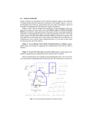 4.4   Analysis and Results
Visual re-mining was performed on the colored association graphs in the collection
G through human-involved exploratory examination of the graphs. Figures 1-4 are se-
lected graphs from G that are constructed for this case study. In the ﬁgures, regions of
the graphs are highlighted for illustrating the insights and policies.
    Figure 1 shows only the frequent item preferences of the participants in the case
study. In this ﬁgure, the large region shows that Mosaic Cake and White Chocolate
Mocha are selected by a large percentage of the people, and they are purchased together
frequently, as represented by the large size of the corresponding vertex F11. The small
region suggests that Chai Tea Latte and Lemon Cake are purchased frequently with
each other, but not with other items. In the context of retailing, these are referred to as
complementary items, and the classic operational policy is to use each of these items
for increasing the sale of the other(s):

   Policy 1: “Bundle Mosaic Cake, White Chocolate Mocha and Water together,
and/or target cross-selling by suggesting the complementary item when the other is
ordered.”

    Policy 2: “Bundle Chai Tea Latte and Lemon Cake together, and/or target cross-
selling by suggesting the complementary item when the other is ordered.”

    Besides identifying the most signiﬁcant and interdependent items, one can also ob-
serve items that are independent from all items but one. The central item is an attractor,




                 Fig. 1. Association graph that displays the frequent itemsets.
 