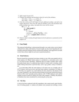 7. Apply organic layout on G.
 8. Compute the minimum and maximum values for each of the attributes.
         min valuen = minn=1...N, f ∈F ψ(An , f )
         max valuen = maxn=1...N, f ∈F ψ(An , f )
 9. Color the vertices in G with respect to each additional attribute, and add to the
    graph collection G . The closer the value for attribute n gets to the maximum value
    of that attribute max valuen , the darker the vertex will be colored.
         for n = 1 . . . N
             G = clone graph(G)
             for all v ∈ V
                  f = v.itemset
                                 ψ(An , f )−min
                  v.darkness = max valuen −minvaluen n ∈ [0, 1]
                                                value
                  v.color = compute color(v.darkness)
             G G
10. Perform visual re-mining through human-involved exploratory examination of the
    graphs in G .


4 Case Study

The proposed methodology is demonstrated through a case study using a survey dataset
collected from coffee retail industry. Several insights are discovered regarding the rela-
tionships among the frequent itemsets and personal attributes, and suggestions are made
on how these actions might be used used as operational policies.


4.1   Retail Industry

Recent research has positioned association mining as one of the most popular tools in
retail analytics [3]. Market basket analysis is considered as a motivation, and is used
as a test bed for these algorithms. Additional data are readily available either within
the market basket data or as additional data, thanks to loyalty cards in retailing, which
enable linking transactions to personal data, such as age, gender, county of residence,
etc.
     As of November 2010, the retail industry in US alone runs on a monthly sales of
$377.5 billion, with food services and food retail industry constituting %10 share in
it [39]. Due to its gigantic size, retail industry has been selected as the domain of the
case study. Starbucks is one of the best-known brands in food retail, and the best-known
brand in coffee retail / specialty eateries industry, with 137,000 employees and a global
monthly revenue of nearly $1 billion [39]. Due to the company’s visibility, the products
of Starbucks have been considered for constructing the survey data.


4.2   The Data

A survey has been conducted with 644 respondents, that contain nearly equal distribu-
tion of working people vs. students (all students were assumed non-working), women
 