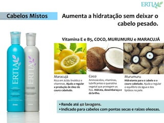 Cabelos Mistos         Aumenta a hidratação sem deixar o
                                          cabelo pesado.

                        Vitamina E e B5, COCO, MURUMURU e MARACUJÁ




                 Maracujá                     Coco                           Murumuru
                 Rico em ácido linoléico e    Aminoácidos, vitaminas,        Hidratante para o cabelo e o
                 vitaminas. Ajuda a regular   lubrificantes e queratina      couro cabeludo. Ajuda a regular
                 a produção de óleo do        vegetal que protegem os        o equilíbrio da água e dos
                 couro cabeludo.              fios. Hidrata, desembaraça e   lipídeos na pele.
                                              dá brilho.



                    •Rende até 40 lavagens.
                    •Indicado para cabelos com pontas secas e raízes oleosas.
 