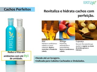Cachos Perfeitos                Revitaliza e hidrata cachos com
                                                      perfeição.




                              Mel                      Manga                  Cupuaçu
                              Hidrata e condiciona o   Vitaminas,             Rico em fito esteróis que
                              cabelo e o couro         aminoácidos e          ajudam a regular os níveis
                              cabeludo. Ajuda a        antioxidantes.         de ácidos graxos e
                              controlar o frisado do   Nutre e condiciona o   hidratar.
                              cabelo.                  cabelo.
   Reduz o frizz em
ambientes com até 85%
     de umidade.        •Rende até 40 lavagens.
                        •Indicado para Cabelos Cacheados e Ondulados.
 