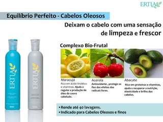 Equilíbrio Perfeito - Cabelos Oleosos
                       Deixam o cabelo com uma sensação
                                    de limpeza e frescor
                   Complexo Bio-Frutal




                   Maracujá                  Acerola                     Abacate
                   Rico em ácido linoléico   Antioxidante , protege os   Rico em proteínas e vitaminas,
                   e vitaminas. Ajuda a      fios dos efeitos dos        ajuda a recuperar a nutrição,
                   regular a produção de     radicais livres.            elasticidade e brilho dos
                   óleo do couro                                         cabelos.
                   cabeludo.



                  •Rende até 40 lavagens.
                  •Indicado para Cabelos Oleosos e finos
 