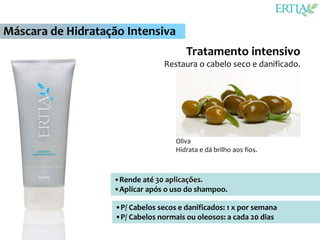 Máscara de Hidratação Intensiva
                                        Tratamento intensivo
                                  Restaura o cabelo seco e danificado.




                                     Oliva
                                     Hidrata e dá brilho aos fios.



                   •Rende até 30 aplicações.
                   •Aplicar após o uso do shampoo.

                    •P/ Cabelos secos e danificados: 1 x por semana
                    •P/ Cabelos normais ou oleosos: a cada 20 dias
 