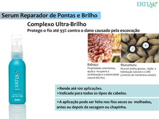 Serum Reparador de Pontas e Brilho
        Complexo Ultra-Brilho
         Protege o fio até 93% contra o dano causado pela escovação




                                         Babaçu                       Murumuru
                                         Propriedade umectantes,        Rica em ácidos graxos, repõe a
                                         ajuda a recuperar a            hidratação natural e o CMC
                                         revitalização e a elasticidade (cimento de membrana celular).
                                         natural dos fios.



                        •Rende até 100 aplicações.
                        •Indicado para todos os tipos de cabelos.

                        •A aplicação pode ser feita nos fios secos ou molhados,
                        antes ou depois da secagem ou chapinha.
 