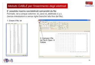 16
E’ possibile inserire cavi/elettrodi caricandoli da file.
Formato .txt a cinque colonne: id_cavo id_elettrodo x y z.
(senza intestazioni e senza righe bianche alla fine del file).
1. Creare il file .txt
2. Caricare il file
da File Open 
Cables
Metodo CABLE per l'inserimento degli elettrodiMetodo CABLE per l'inserimento degli elettrodi
 