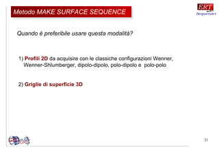 21
1) Profili 2D da acquisire con le classiche configurazioni Wenner,
Wenner-Shlumberger, dipolo-dipolo, polo-dipolo e polo-polo
2) Griglie di superficie 3D
Quando è preferibile usare questa modalità?
Metodo MAKE SURFACE SEQUENCEMetodo MAKE SURFACE SEQUENCE
 