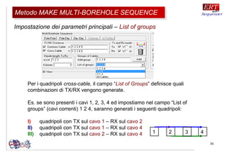 36
Impostazione dei parametri principali – List of groups
Per i quadripoli cross-cable, il campo “List of Groups” definisce quali
combinazioni di TX/RX vengono generate.
Es. se sono presenti i cavi 1, 2, 3, 4 ed impostiamo nel campo “List of
groups” (cavi correnti) 1 2 4, saranno generati i seguenti quadripoli:
I) quadripoli con TX sul cavo 1 – RX sul cavo 2
II) quadripoli con TX sul cavo 1 – RX sul cavo 4
III) quadripoli con TX sul cavo 2 – RX sul cavo 4
Metodo MAKE MULTI-BOREHOLE SEQUENCEMetodo MAKE MULTI-BOREHOLE SEQUENCE
1 2 43
 