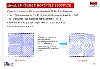 Questi 4152 quadripoli
possono essere
filtrati/ridotti attraverso il
vincolo a fattore K
Ad es. con K = 2000 si
ottengono 2182 quadripoli
totali
44
Esempio di sequenza 3D dipolo-dipolo UNIVERSALE a 48 elettrodi
- Unico Common cable da 1 a 48 el. perimetrali creato da Layout >> Grid
- Tx-Rx distance (solo Common cable spuntato): -48:48
- Apertura Tx e Rx (Dipole Length Tx-Rx= 1a, 2a, 3a, 4a, 5a
- Fattore geometrico K = 0
#4152 misure #2182 misure
Metodo MAKE MULTI-BOREHOLE SEQUENCEMetodo MAKE MULTI-BOREHOLE SEQUENCE
 