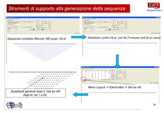 50
Sequenza completa Wenner 360 quad. 24 el. Seleziono i primi 24 el. con ALT+mouse (roll di un cavo)
Menu Layout -> Electrodes -> Set as roll
Quadripoli generati dopo il “set as roll”
degli el. da 1 a 24
Strumenti di supporto alla generazione della sequenzaStrumenti di supporto alla generazione della sequenza
 