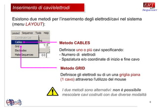 6
Metodo CABLES
Definisce uno o più cavi specificando:
- Numero di elettrodi
- Spaziatura e/o coordinate di inizio e fine cavo
Metodo GRID
Definisce gli elettrodi su di un una griglia piana
(1 cavo) attraverso l'utilizzo del mouse
I due metodi sono alternativi: non è possibile
mescolare cavi costruiti con due diverse modalità
Esistono due metodi per l’inserimento degli elettrodi/cavi nel sistema
(menu LAYOUT):
Inserimento di cavi/elettrodiInserimento di cavi/elettrodi
 