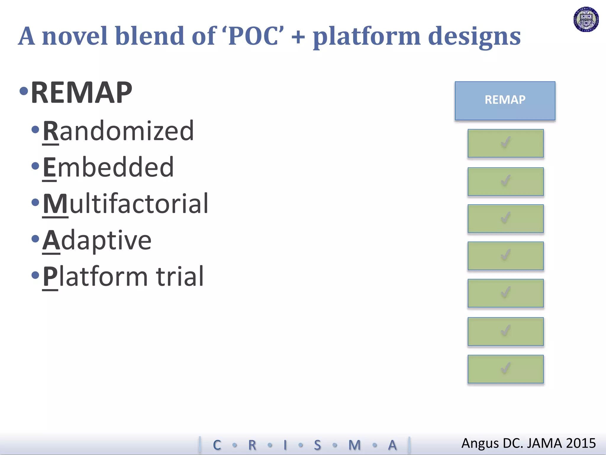 C  R  I  S  M  A
A novel blend of ‘POC’ + platform designs
•REMAP
•Randomized
•Embedded
•Multifactorial
•Adaptive
•Platform trial
REMAP
✔
✔
✔
✔
✔
✔
✔
Angus DC. JAMA 2015
 