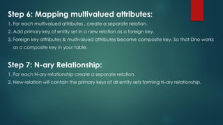 Step 6: Mapping multivalued attributes:
1. For each multivalued attributes , create a separate relation.
2. Add primary key of entity set in a new relation as a foreign key.
3. Foreign key attributes & multivalued attributes become composite key. So that Dno works
as a composite key in your table.
Step 7: N-ary Relationship:
1. For each N-ary relationship create a separate relation.
2. New relation will contain the primary keys of all entity sets forming N-ary relationship.
 