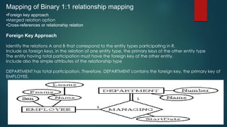 Mapping of Binary 1:1 relationship mapping
•Foreign key approach
•Merged relation option
•Cross-references or relationship relation
Foreign Key Approach
Identify the relations A and B that correspond to the entity types participating in R.
Include as foreign keys, in the relation of one entity type, the primary keys of the other entity type
The entity having total participation must have the foreign key of the other entity.
Include also the simple attributes of the relationship type
DEPARTMENT has total participation. Therefore, DEPARTMENT contains the foreign key, the primary key of
EMPLOYEE.
 