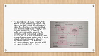 • The desired pre-set cruise velocity V(t)
desired pre-set distance d(set) and safe
pre-set distance d(safe) are the inputs to
index of performance measurement sub-
unit. The measured cruise velocity v and
distance d has inputs to index of
performance computing sub-unit. The
comparison and decision sub-unit has
inputs of set performance parameters and
observed performance parameters. It sends
outputs which are inputs to adaptive
mechanism sub-unit. The adaptive
mechanism sub-unit sends outputs, which
are inputs to adjustable system.
 