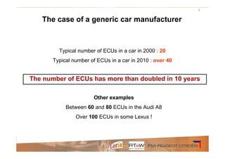3



   The case of a generic car manufacturer



         Typical number of ECUs in a car in 2000 : 20
       Typical number of ECUs in a car in 2010 : over 40


The number of ECUs has more than doubled in 10 years

                       Other examples
            Between 60 and 80 ECUs in the Audi A8
                Over 100 ECUs in some Lexus !
 